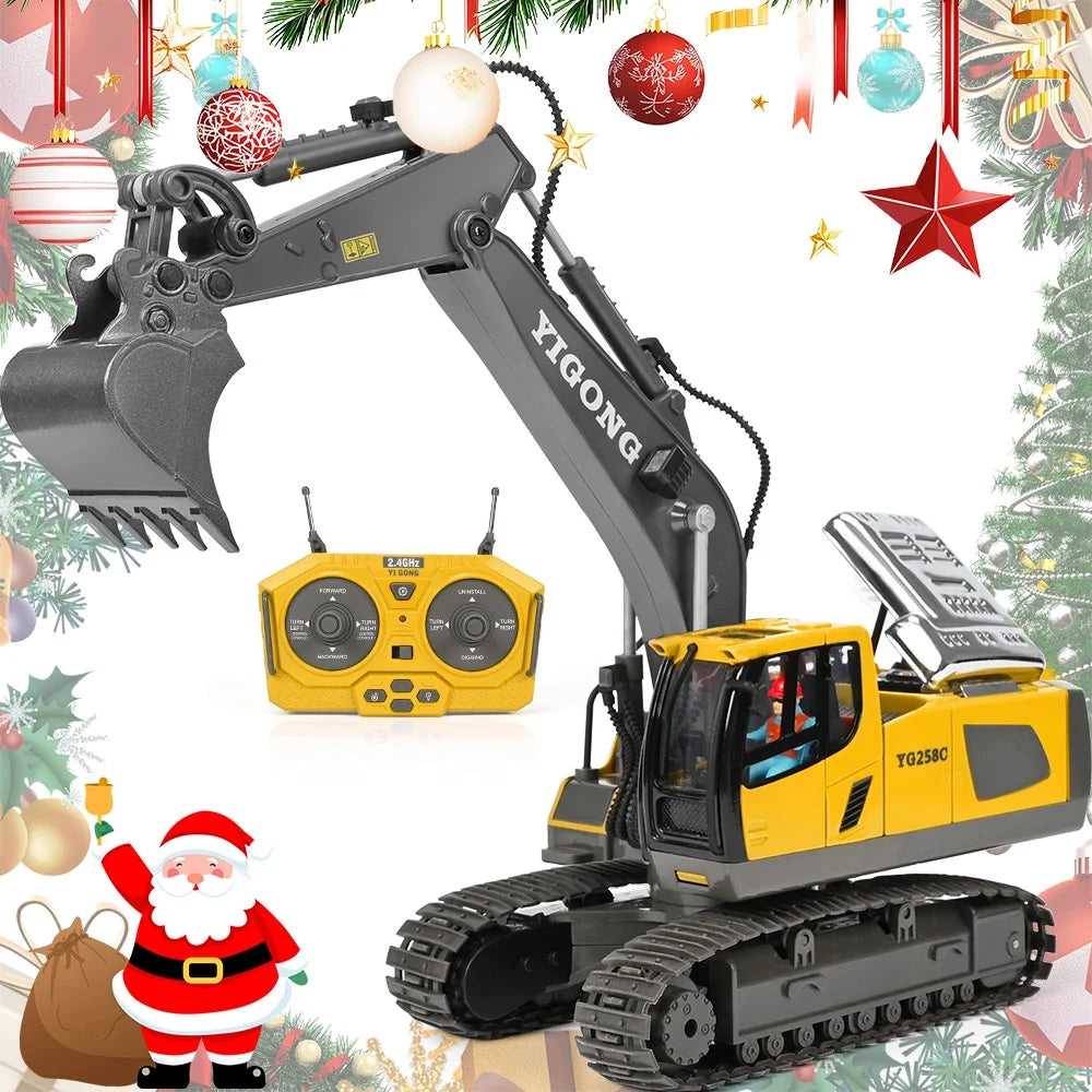 Remote Control Excavator,11 Channel RC Excavator Toys, Rechargeable Construction Vehicle Toys with Lights Sounds,Gifts for Kids 3-12 Years Old