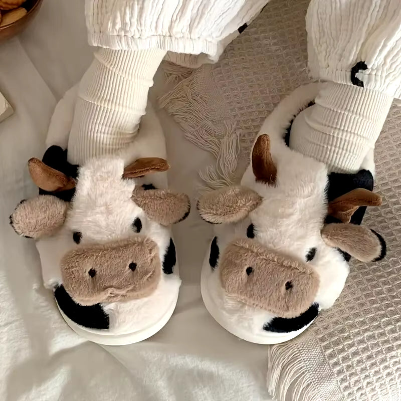 Women'S Cartoon Cute Cow House Slippers Warm plus Lined Closed Toe Fuzzy Home Slides Women'S Fluffy Comfy Shoes Winter Autumn