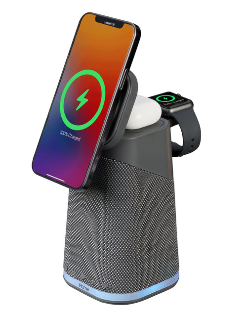 Load image into Gallery viewer, Ihome IBT70 Triple Wireless Charging Stand with Bluetooth Speaker
